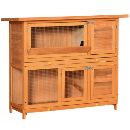 2-Story Outdoor Wooden Rabbit Hutch with Openable Asphalt Roof Ramp Doors and 2 Removable Trays 120x48x100 cm Natural Wood