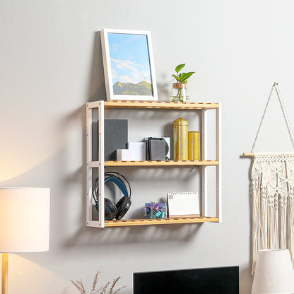 Bamboo Wall Shelf 3-Tier Floating Shelf for Living Room Bedroom Kitchen Bathroom 60x15x54 cm Natural and White