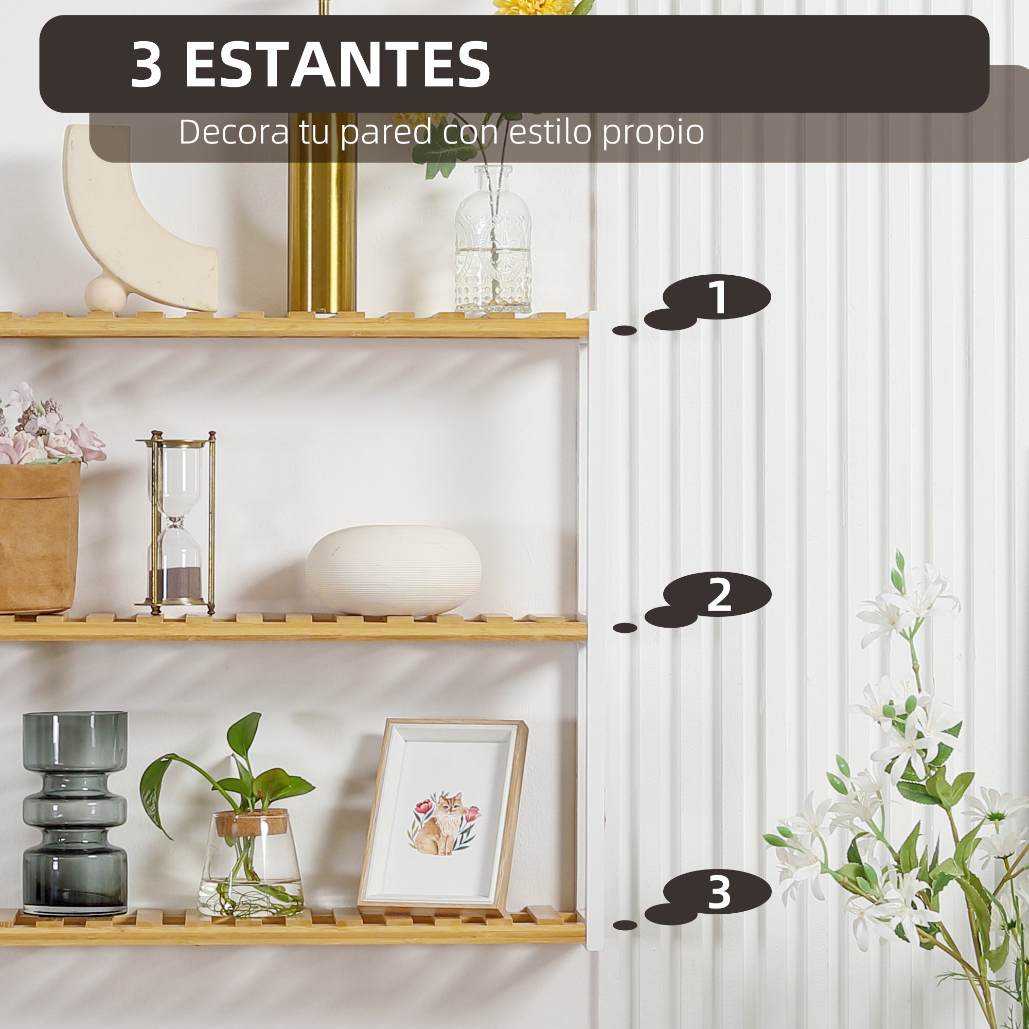 Bamboo Wall Shelf 3-Tier Floating Shelf for Living Room Bedroom Kitchen Bathroom 60x15x54 cm Natural and White