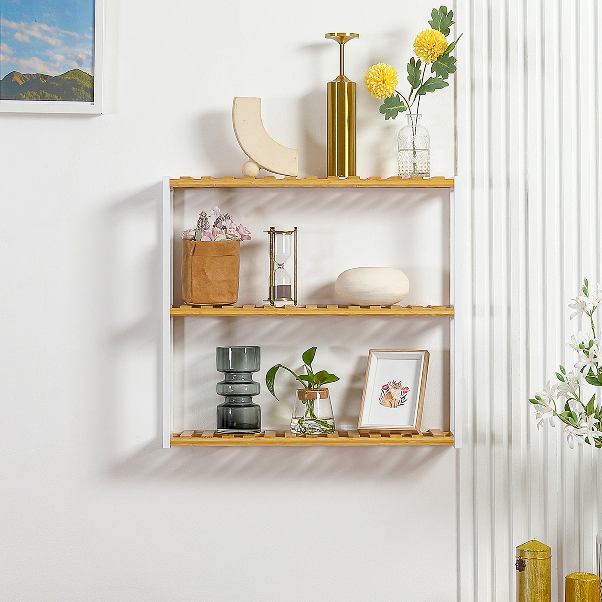 Bamboo Wall Shelf 3-Tier Floating Shelf for Living Room Bedroom Kitchen Bathroom 60x15x54 cm Natural and White