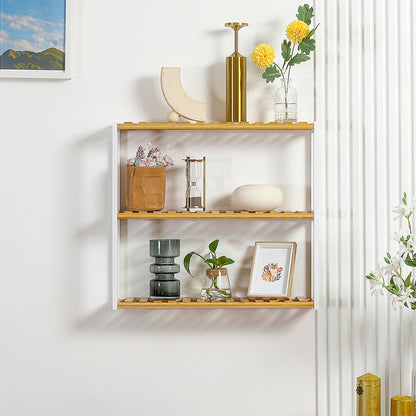 Bamboo Wall Shelf 3-Tier Floating Shelf for Living Room Bedroom Kitchen Bathroom 60x15x54 cm Natural and White