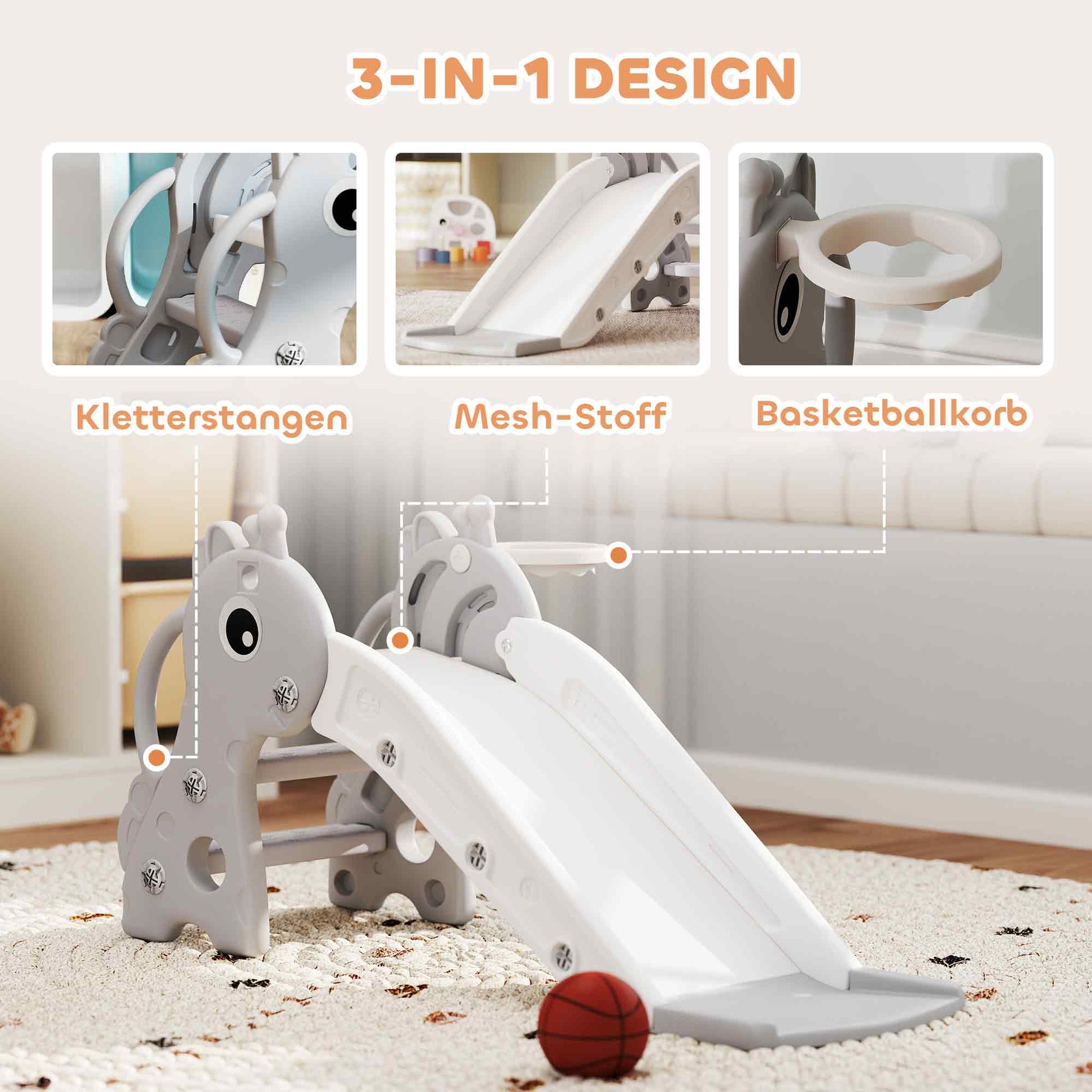 Kids Slide Children's Slide with Basketball Hoop, Basketball Indoor Outdoor Plastic Toddler Slide Garden Slide Slide for Kids 1 to 3 Years, Gray