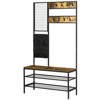 Wardrobe Stand with Bench, Clothes Rack with Hooks, Shoe Rack, Wardrobe with Carrying Bag, Coat Rack for Entryway, Hallway, Steel, Rustic Brown