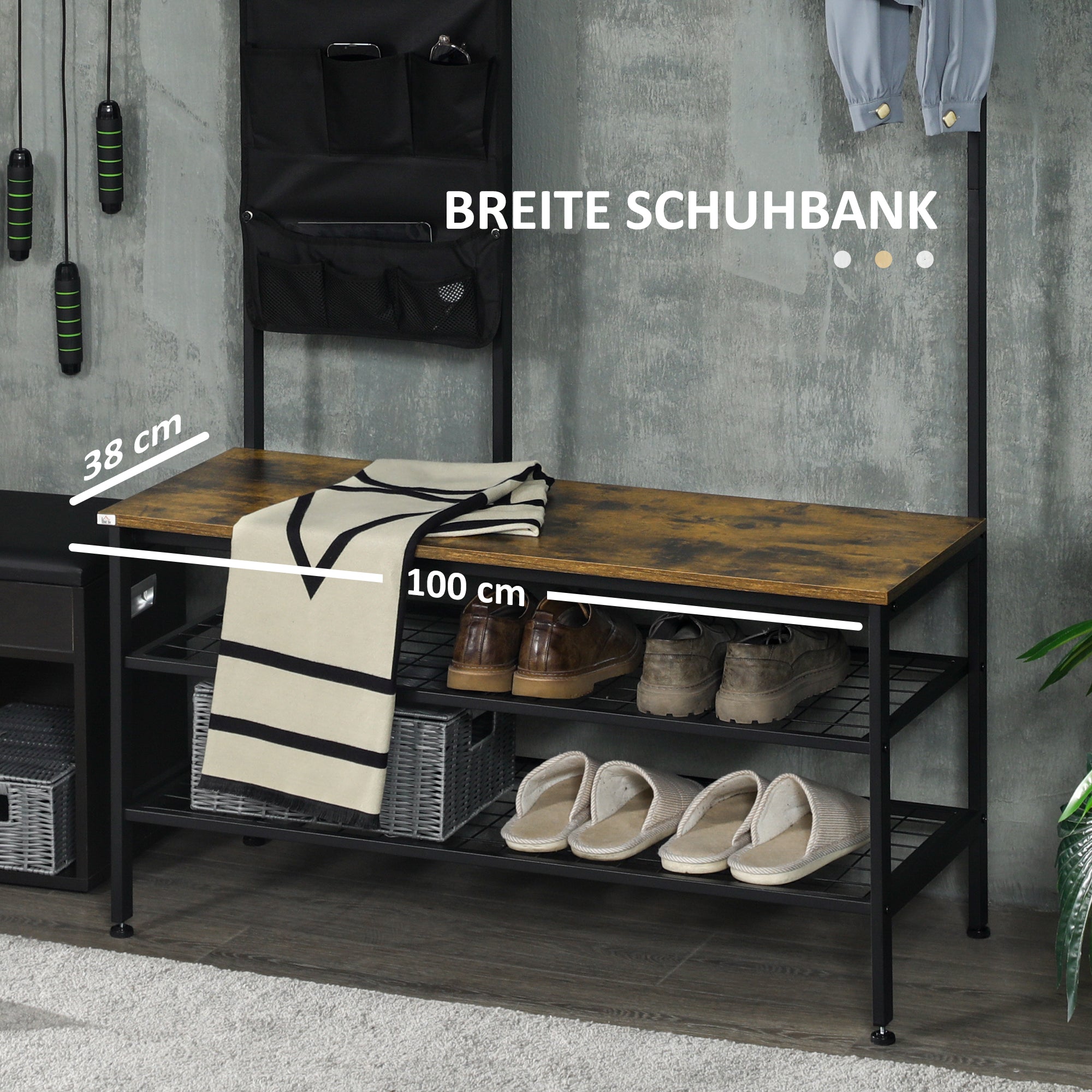 Wardrobe Stand with Bench, Clothes Rack with Hooks, Shoe Rack, Wardrobe with Carrying Bag, Coat Rack for Entryway, Hallway, Steel, Rustic Brown