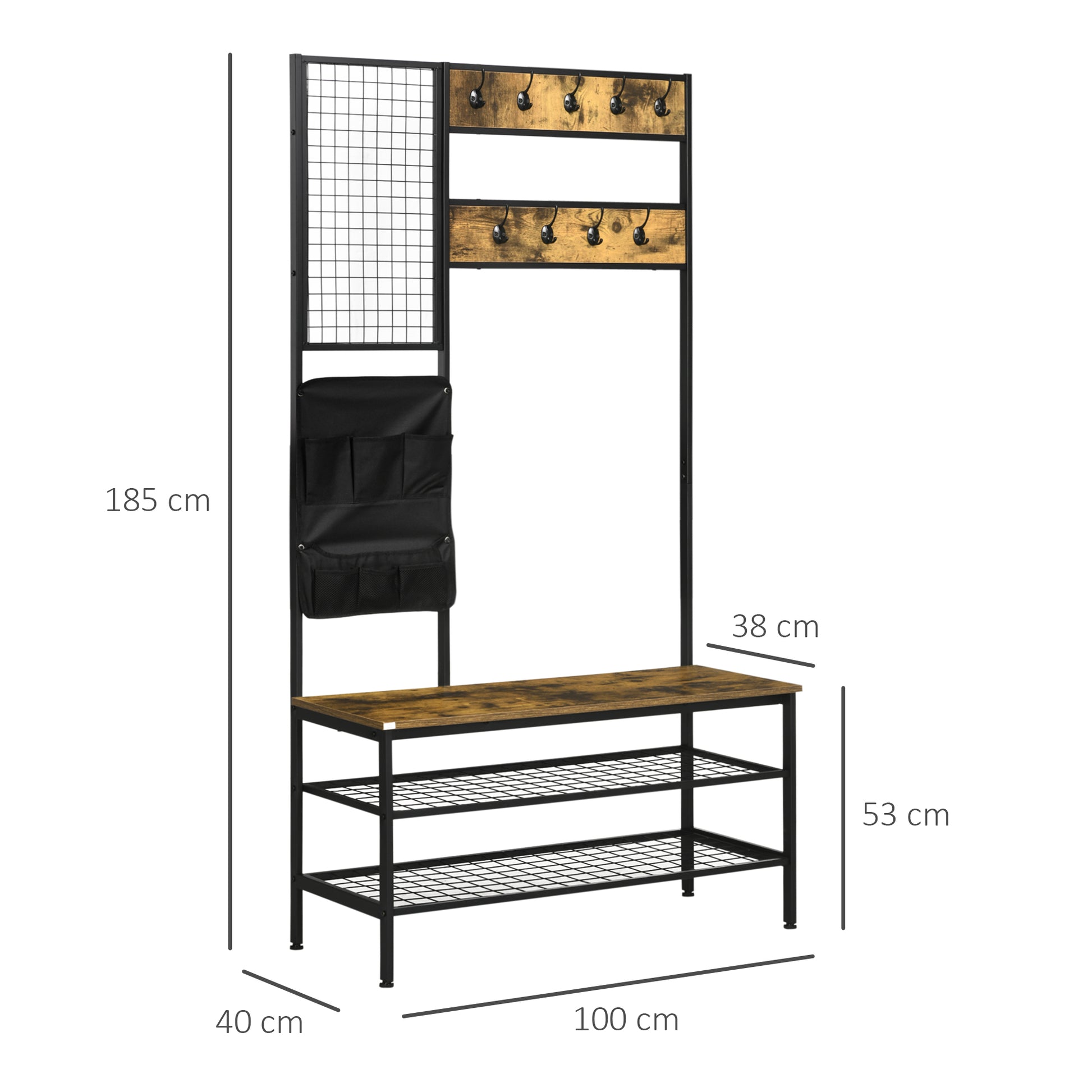 Wardrobe Stand with Bench, Clothes Rack with Hooks, Shoe Rack, Wardrobe with Carrying Bag, Coat Rack for Entryway, Hallway, Steel, Rustic Brown