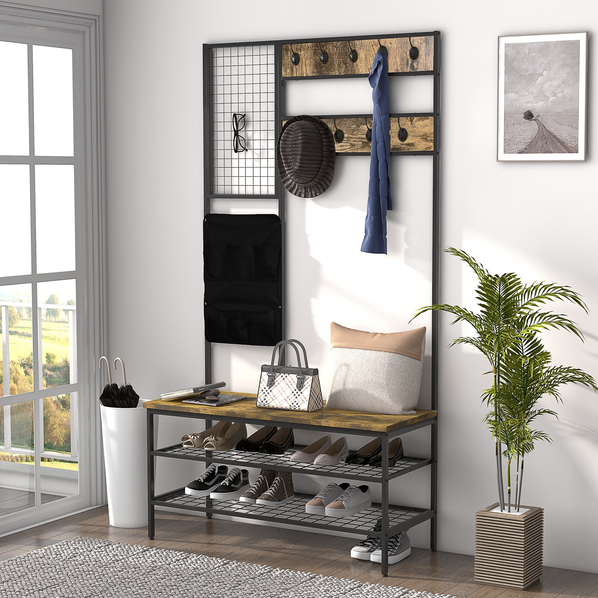 Wardrobe Stand with Bench, Clothes Rack with Hooks, Shoe Rack, Wardrobe with Carrying Bag, Coat Rack for Entryway, Hallway, Steel, Rustic Brown