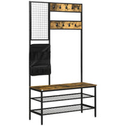 Wardrobe Stand with Bench, Clothes Rack with Hooks, Shoe Rack, Wardrobe with Carrying Bag, Coat Rack for Entryway, Hallway, Steel, Rustic Brown