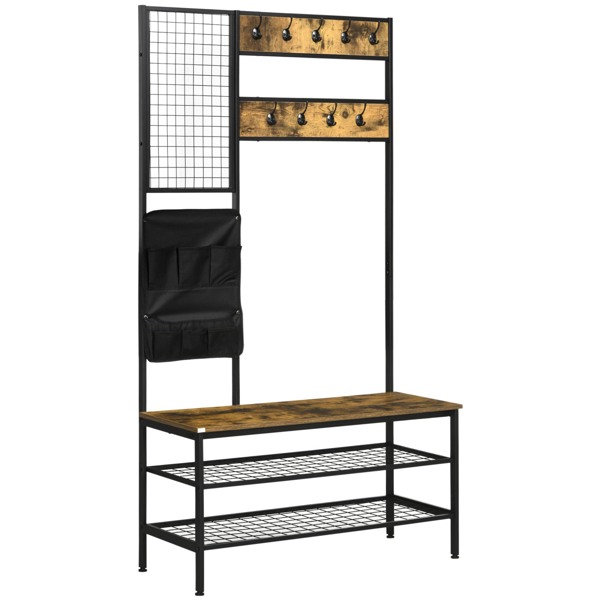 Wardrobe Stand with Bench, Clothes Rack with Hooks, Shoe Rack, Wardrobe with Carrying Bag, Coat Rack for Entryway, Hallway, Steel, Rustic Brown