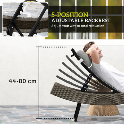 S-Shape Poly Rattan Sun Lounger — 5-Position Adjustable Recliner with Headrest, Breathable UV-Resistant Mesh, Weatherproof Outdoor Rattan Chaise — Light Gray
