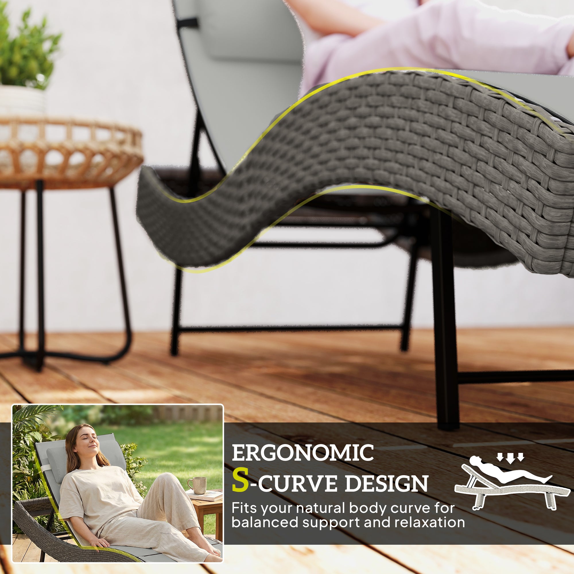 S-Shape Poly Rattan Sun Lounger — 5-Position Adjustable Recliner with Headrest, Breathable UV-Resistant Mesh, Weatherproof Outdoor Rattan Chaise — Light Gray
