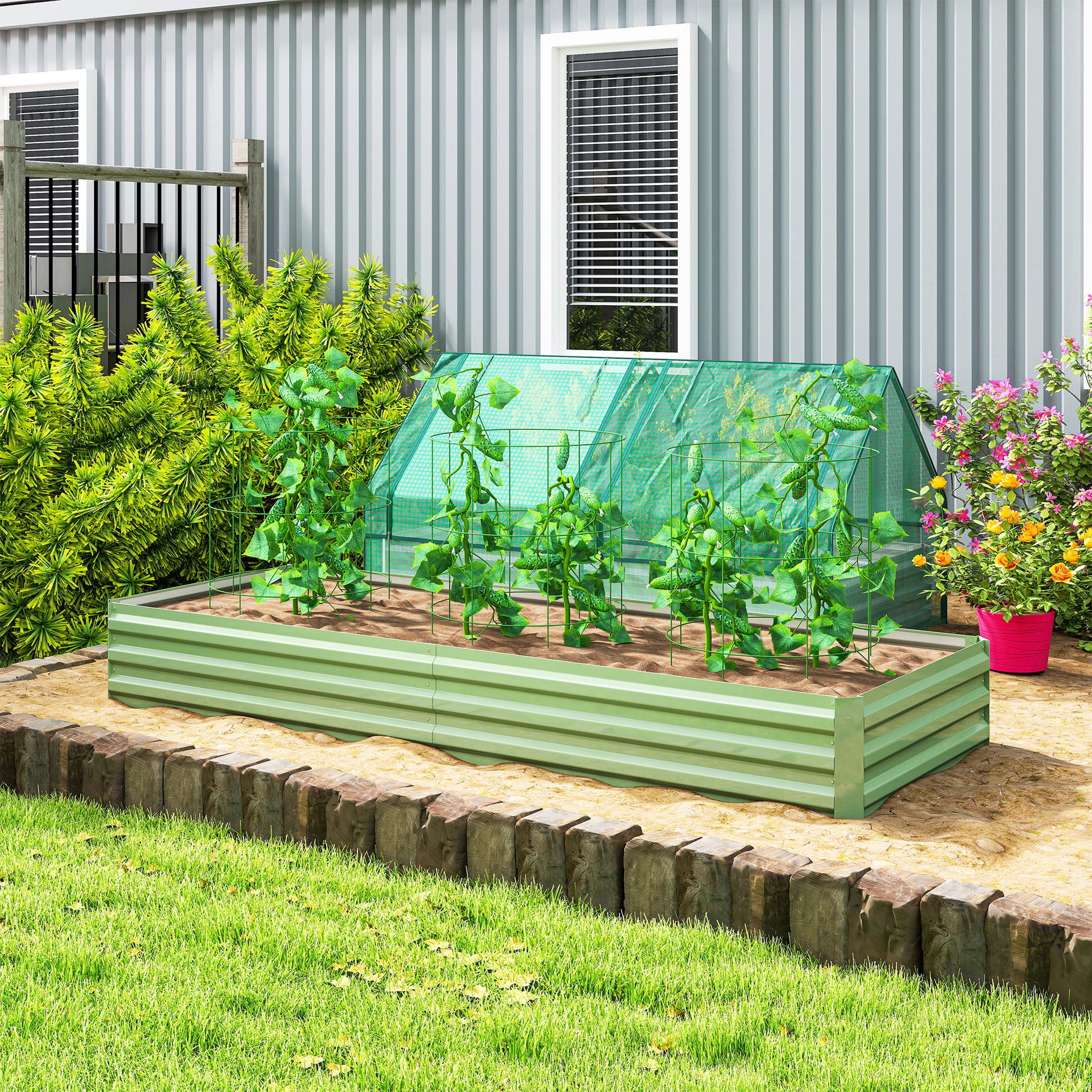 Steel Raised Bed, Plant Box Garden Bed Flower Box Stackable, Plant Pot Vegetable Bed 241x90.5x30cm for Garden Terrace, for Flowers, Plants, Fruit, Vegetables, Green