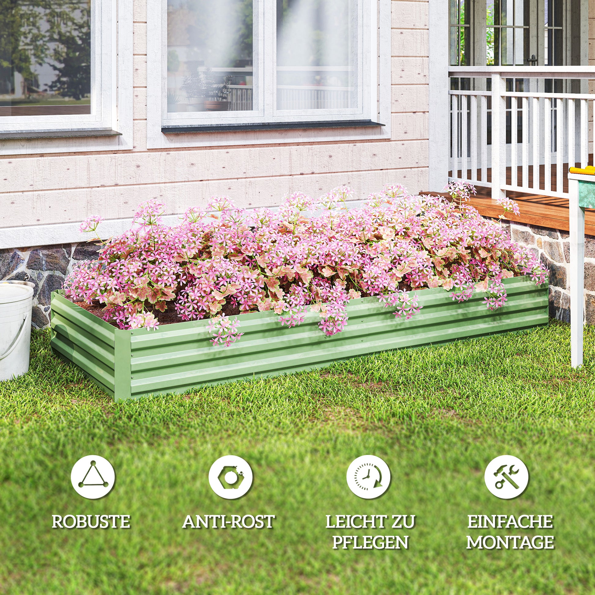 Steel Raised Bed, Plant Box Garden Bed Flower Box Stackable, Plant Pot Vegetable Bed 241x90.5x30cm for Garden Terrace, for Flowers, Plants, Fruit, Vegetables, Green