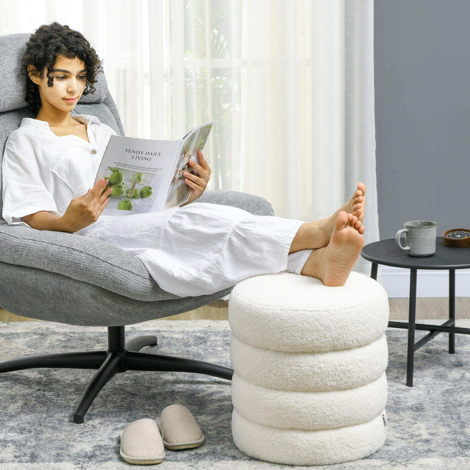 Ottoman Ottoman Ottoman with Teddy Velvet Look Footstool Ottoman for Bedroom, Living Room, Cream White, Ø40 x 45 cm