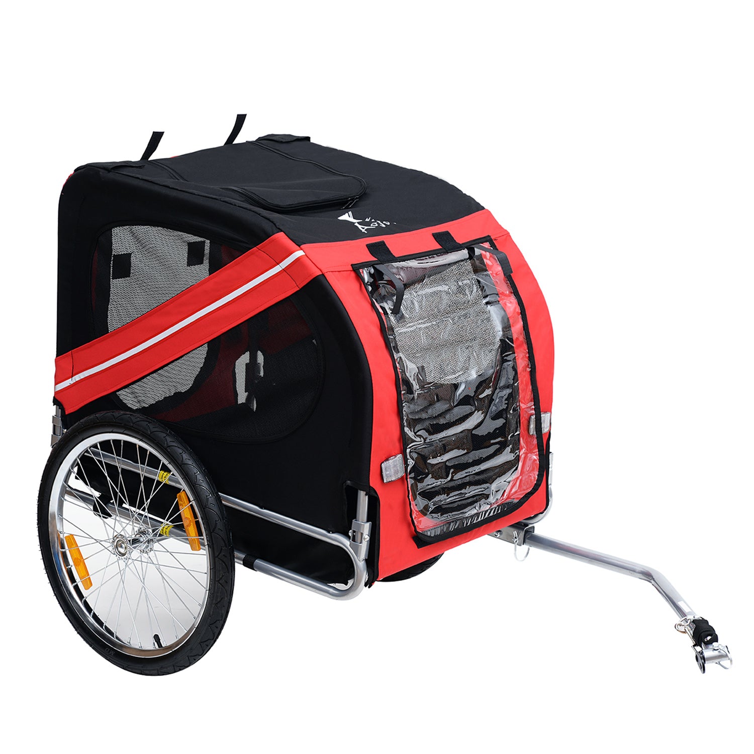 Pet Bike Trailer 8 Reflectors Flag Hitch Bar Included Steel Waterproof Polyester Max. 30 Kg 130L x 73W x 90H cm Red