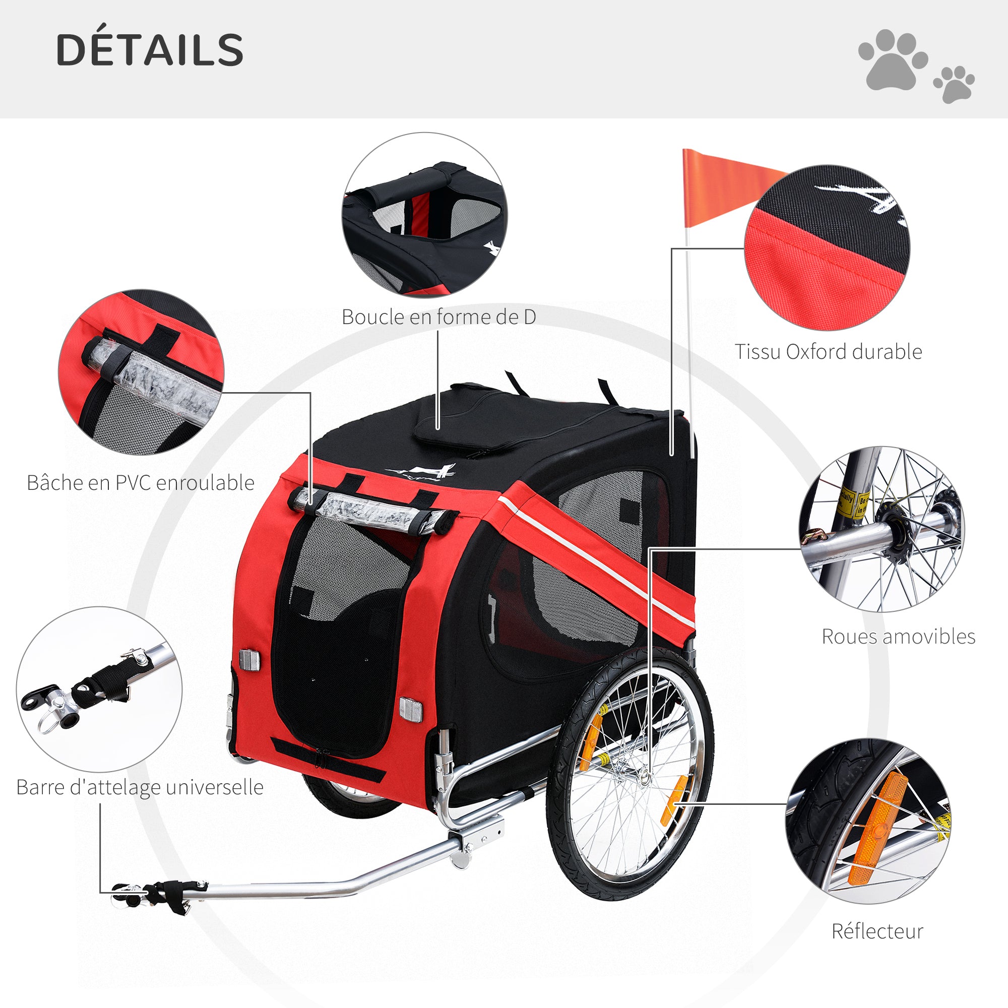 Pet Bike Trailer 8 Reflectors Flag Hitch Bar Included Steel Waterproof Polyester Max. 30 Kg 130L x 73W x 90H cm Red