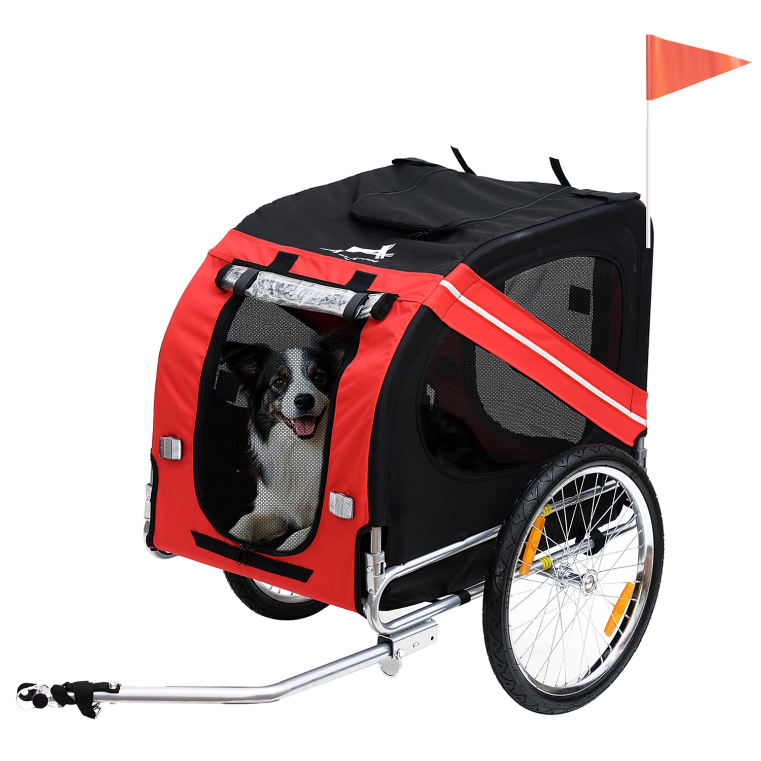 Pet Bike Trailer 8 Reflectors Flag Hitch Bar Included Steel Waterproof Polyester Max. 30 Kg 130L x 73W x 90H cm Red