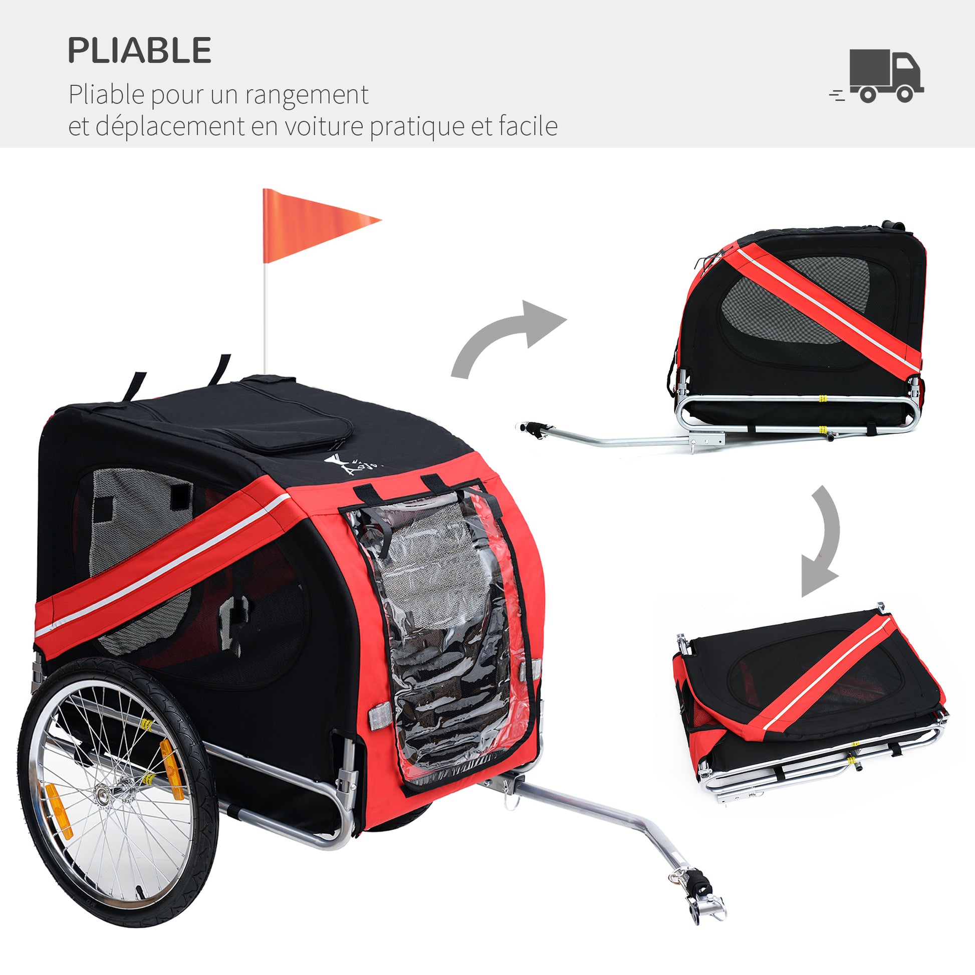 Pet Bike Trailer 8 Reflectors Flag Hitch Bar Included Steel Waterproof Polyester Max. 30 Kg 130L x 73W x 90H cm Red