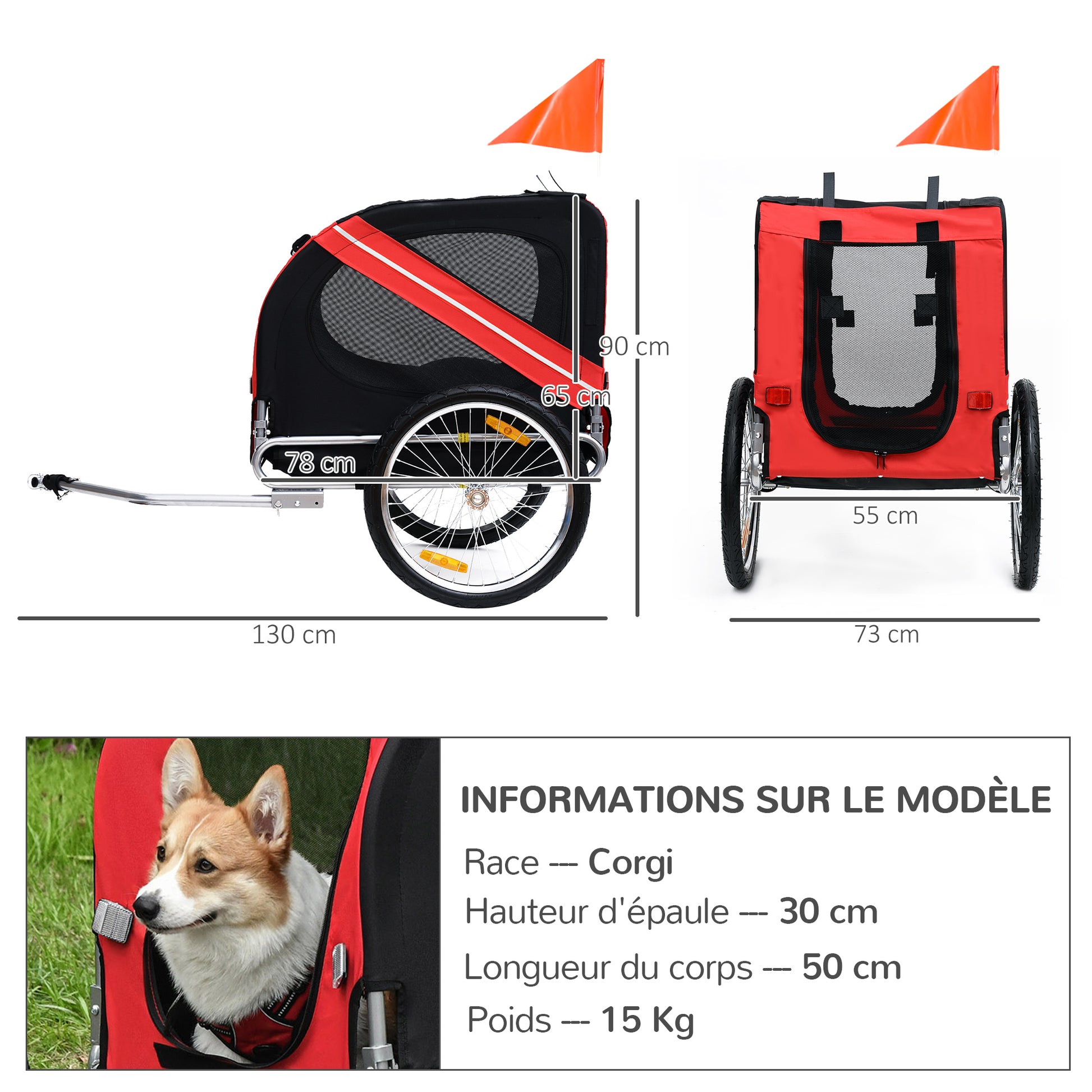 Pet Bike Trailer 8 Reflectors Flag Hitch Bar Included Steel Waterproof Polyester Max. 30 Kg 130L x 73W x 90H cm Red