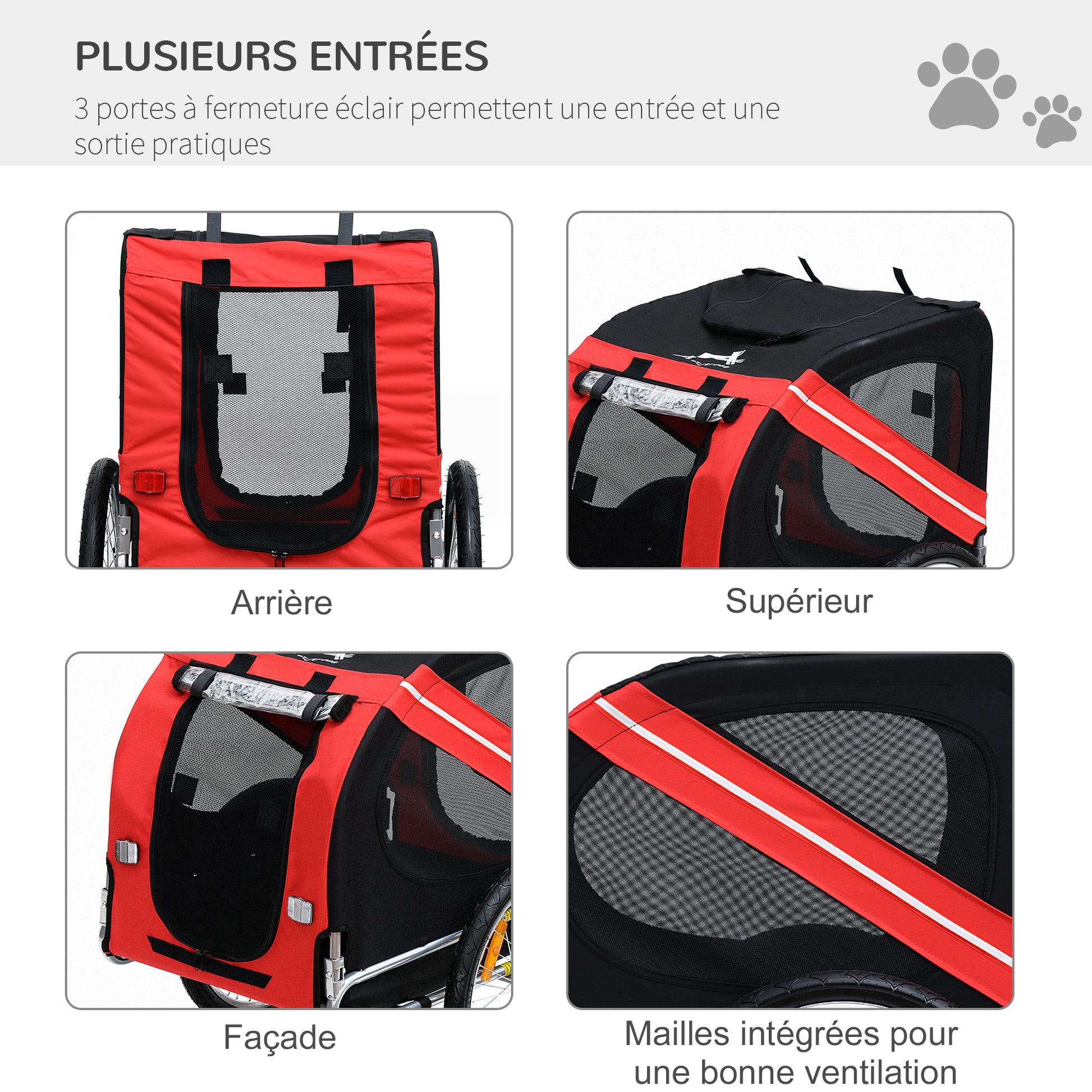 Pet Bike Trailer 8 Reflectors Flag Hitch Bar Included Steel Waterproof Polyester Max. 30 Kg 130L x 73W x 90H cm Red