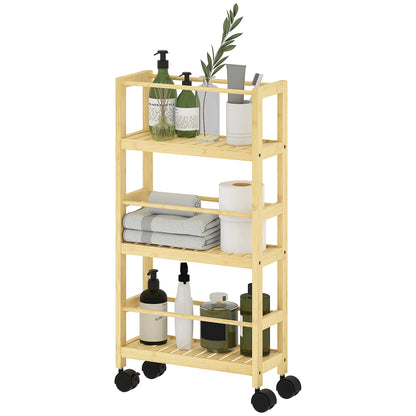 3-Tier Bathroom Shelf with Wheels, Bamboo Trolley, Space Saving Bath Shelf with Slats, 36x15x73 cm, Wood Color