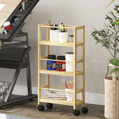 3-Tier Bathroom Shelf with Wheels, Bamboo Trolley, Space Saving Bath Shelf with Slats, 36x15x73 cm, Wood Color
