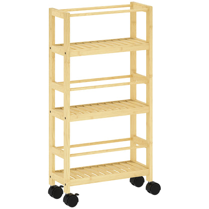 3-Tier Bathroom Shelf with Wheels, Bamboo Trolley, Space Saving Bath Shelf with Slats, 36x15x73 cm, Wood Color