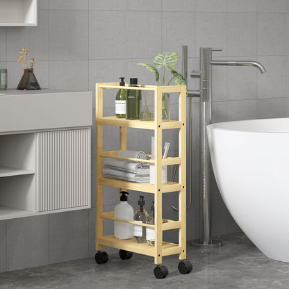3-Tier Bathroom Shelf with Wheels, Bamboo Trolley, Space Saving Bath Shelf with Slats, 36x15x73 cm, Wood Color