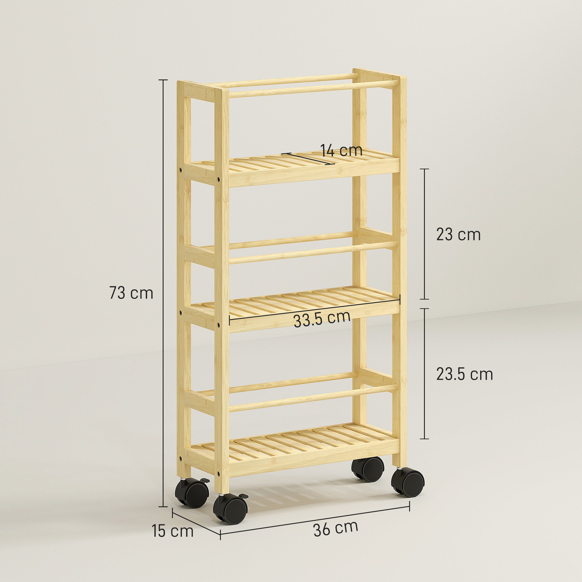 3-Tier Bathroom Shelf with Wheels, Bamboo Trolley, Space Saving Bath Shelf with Slats, 36x15x73 cm, Wood Color