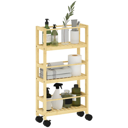 3-Tier Bathroom Shelf with Wheels, Bamboo Trolley, Space Saving Bath Shelf with Slats, 36x15x73 cm, Wood Color