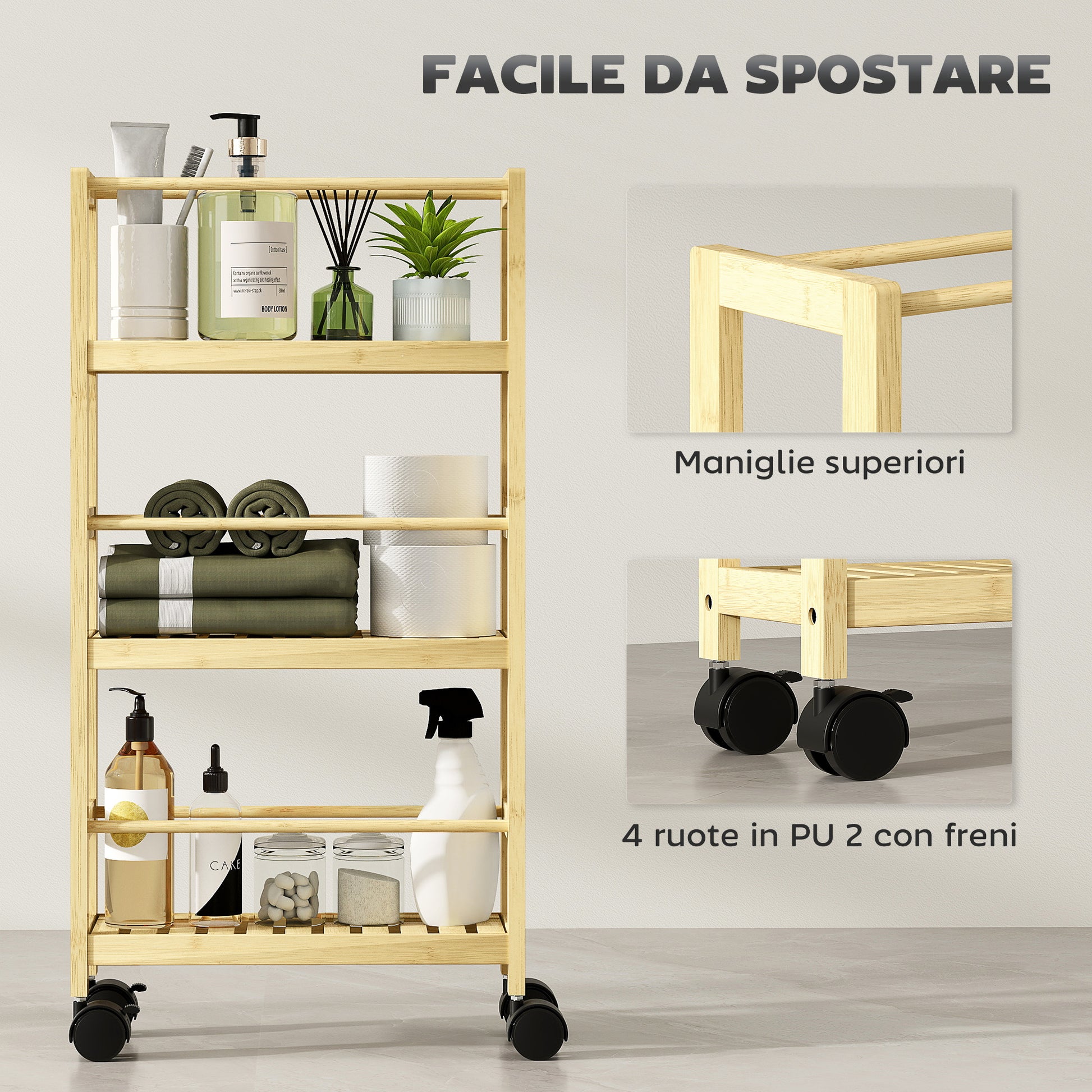 3-Tier Bathroom Shelf with Wheels, Bamboo Trolley, Space Saving Bath Shelf with Slats, 36x15x73 cm, Wood Color