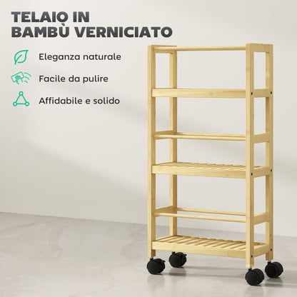 3-Tier Bathroom Shelf with Wheels, Bamboo Trolley, Space Saving Bath Shelf with Slats, 36x15x73 cm, Wood Color