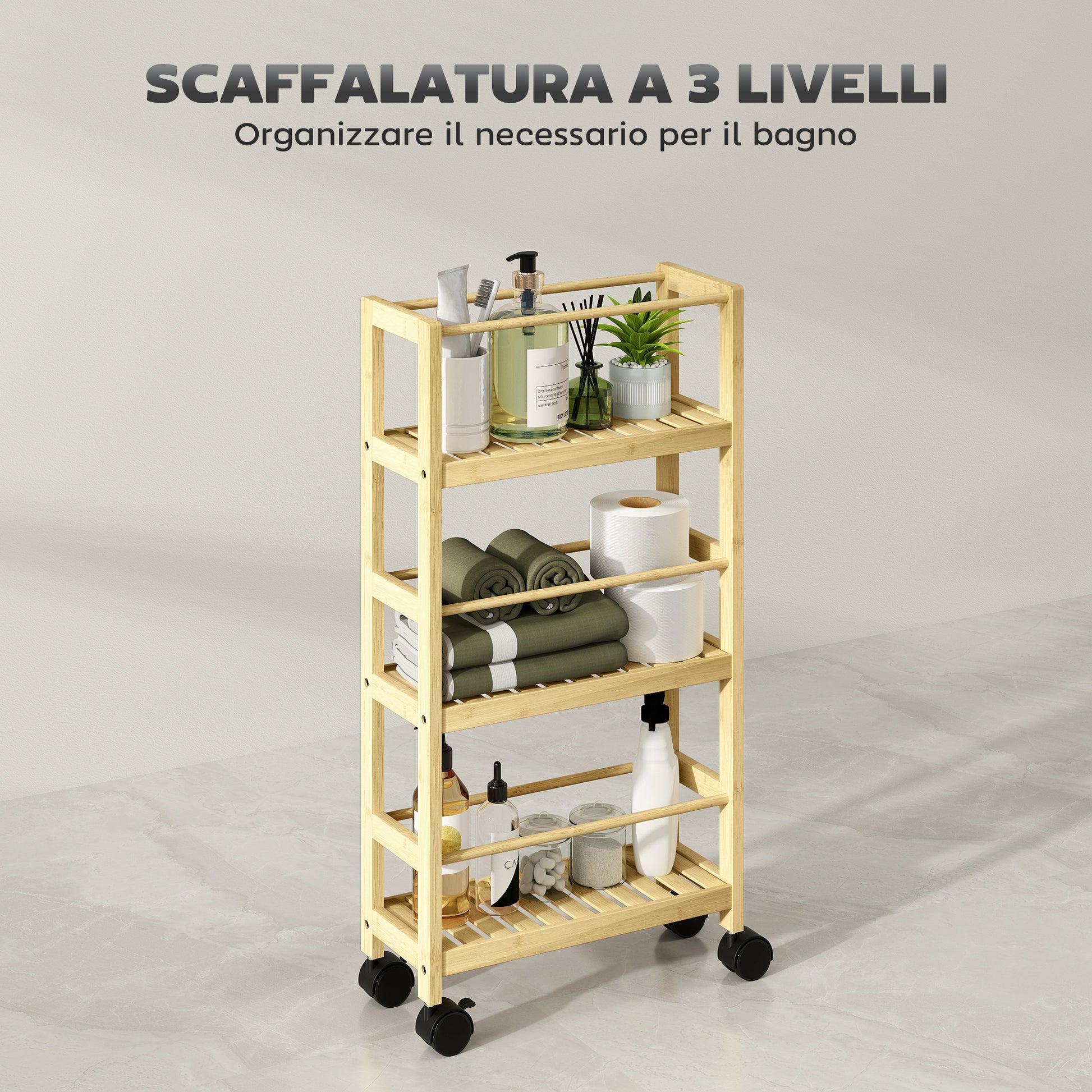 3-Tier Bathroom Shelf with Wheels, Bamboo Trolley, Space Saving Bath Shelf with Slats, 36x15x73 cm, Wood Color