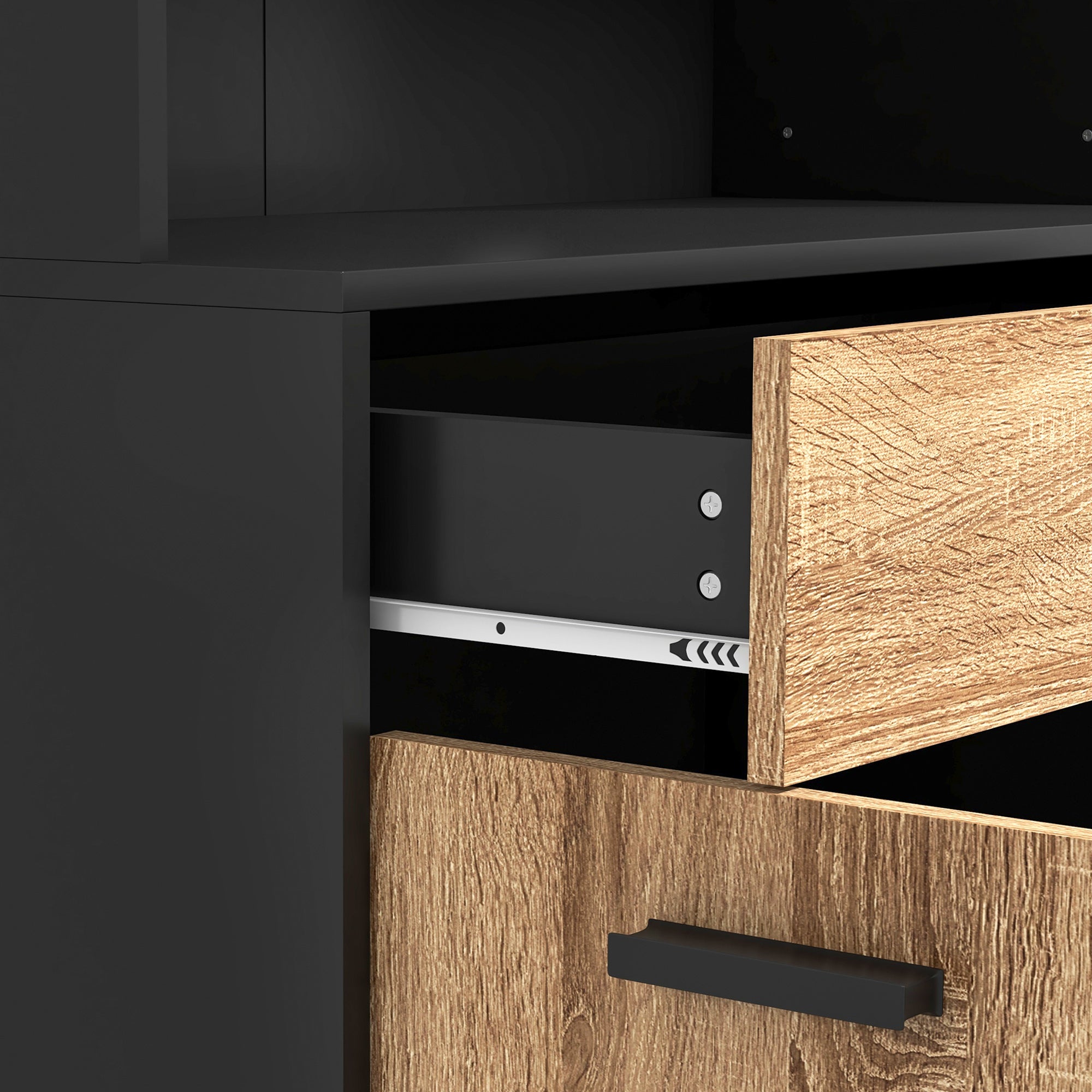 Kitchen Cabinet, Kitchen Buffet, Storage Cabinet, 2 Cupboards, 4 Doors, 1 Drawer, Cable Holes, Industrial Design, 80 x 40 x 180 cm, Black and Natural