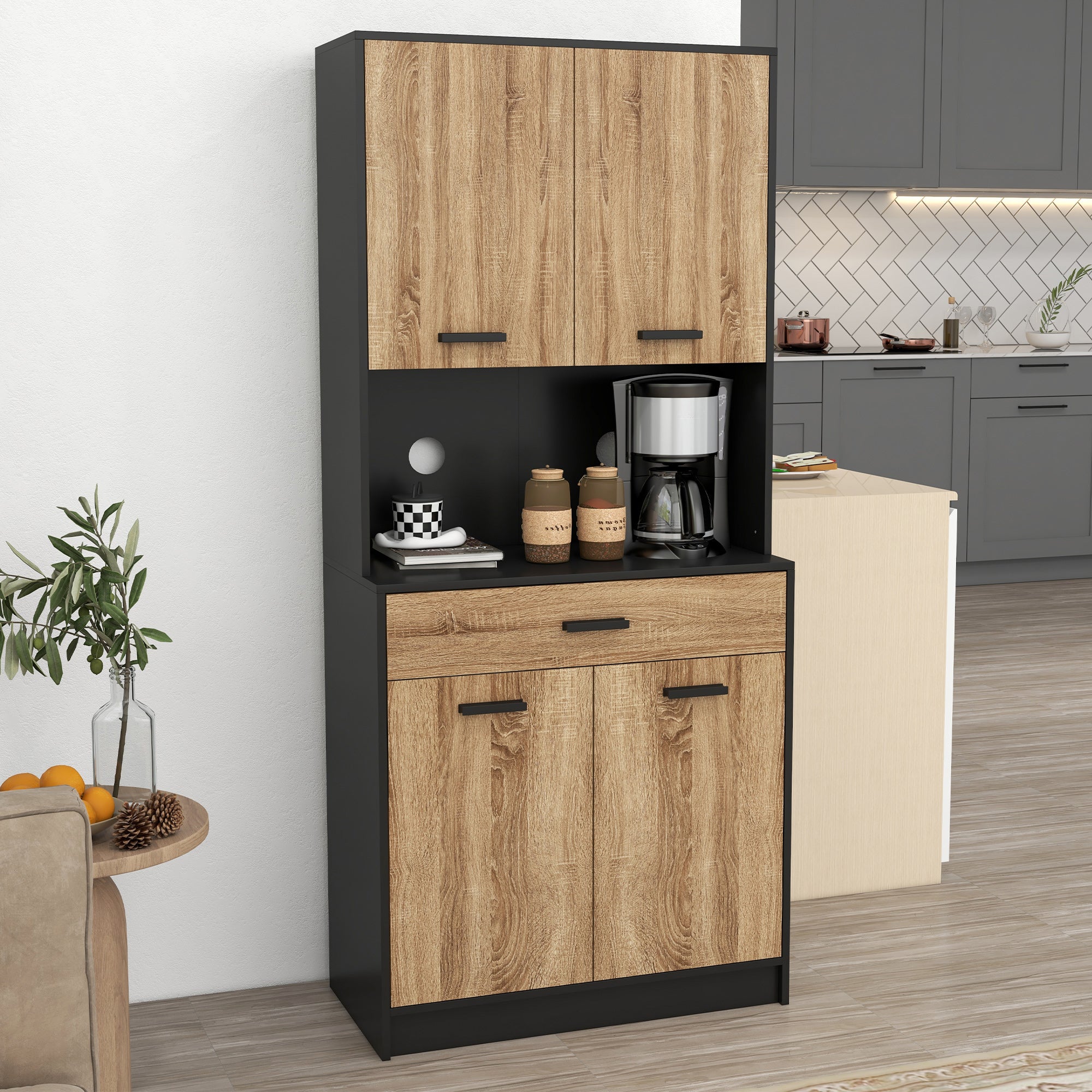 Kitchen Cabinet, Kitchen Buffet, Storage Cabinet, 2 Cupboards, 4 Doors, 1 Drawer, Cable Holes, Industrial Design, 80 x 40 x 180 cm, Black and Natural