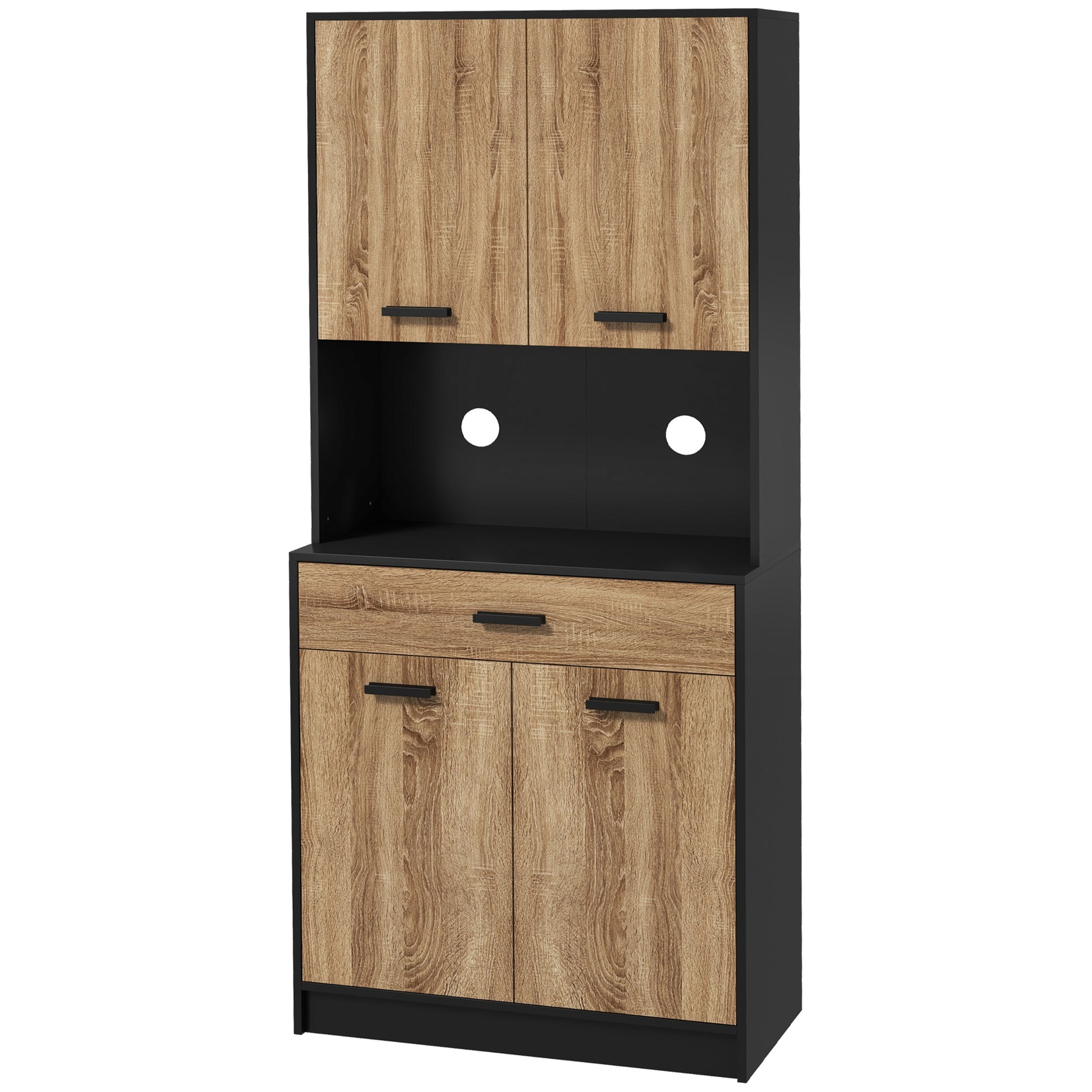 Kitchen Cabinet, Kitchen Buffet, Storage Cabinet, 2 Cupboards, 4 Doors, 1 Drawer, Cable Holes, Industrial Design, 80 x 40 x 180 cm, Black and Natural