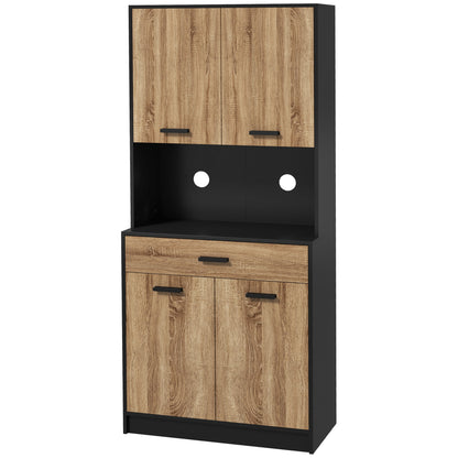 Kitchen Cabinet, Kitchen Buffet, Storage Cabinet, 2 Cupboards, 4 Doors, 1 Drawer, Cable Holes, Industrial Design, 80 x 40 x 180 cm, Black and Natural
