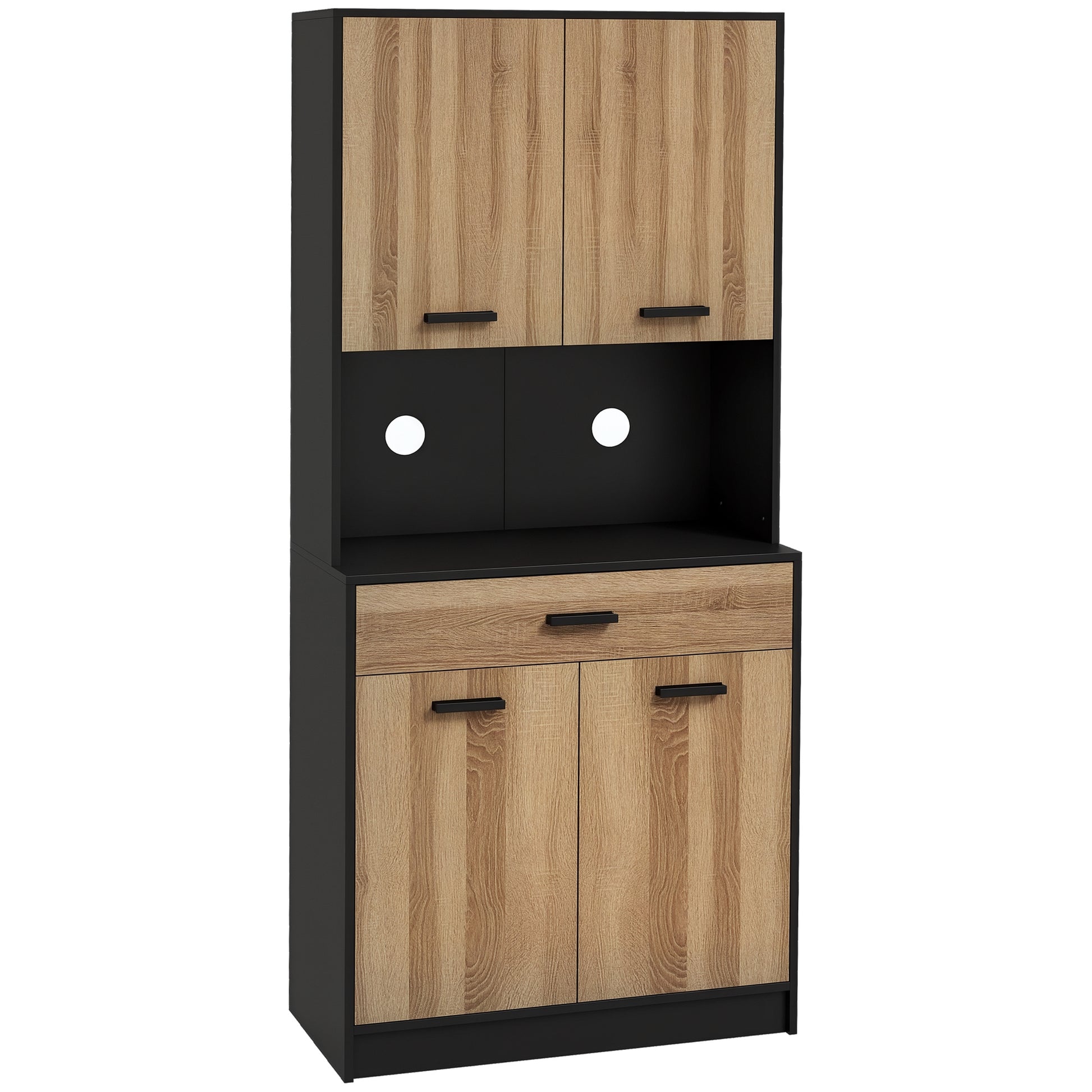 Kitchen Cabinet, Kitchen Buffet, Storage Cabinet, 2 Cupboards, 4 Doors, 1 Drawer, Cable Holes, Industrial Design, 80 x 40 x 180 cm, Black and Natural