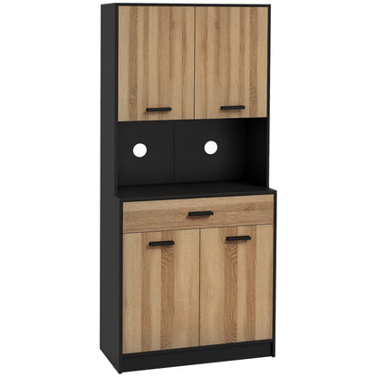 Kitchen Cabinet, Kitchen Buffet, Storage Cabinet, 2 Cupboards, 4 Doors, 1 Drawer, Cable Holes, Industrial Design, 80 x 40 x 180 cm, Black and Natural