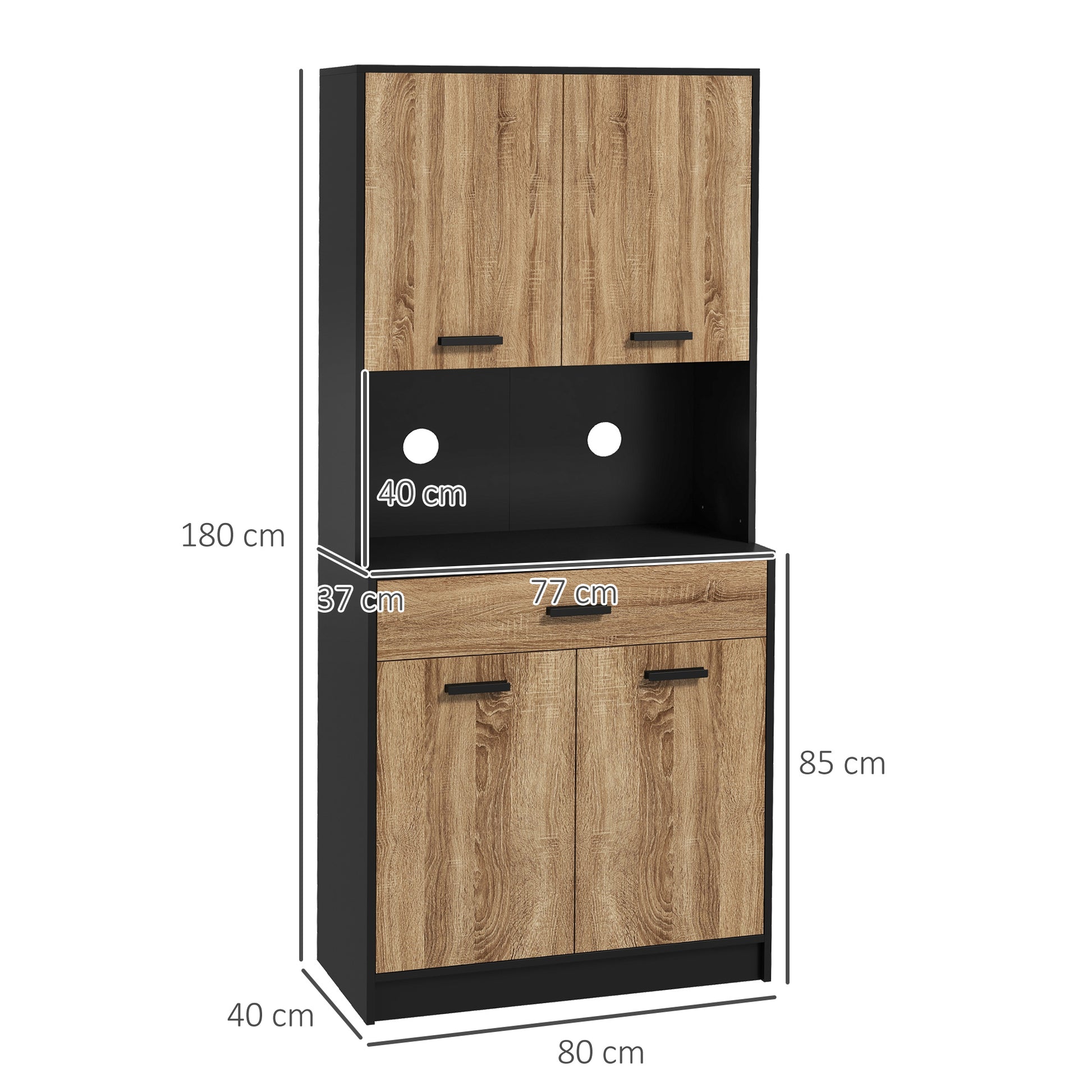 Kitchen Cabinet, Kitchen Buffet, Storage Cabinet, 2 Cupboards, 4 Doors, 1 Drawer, Cable Holes, Industrial Design, 80 x 40 x 180 cm, Black and Natural