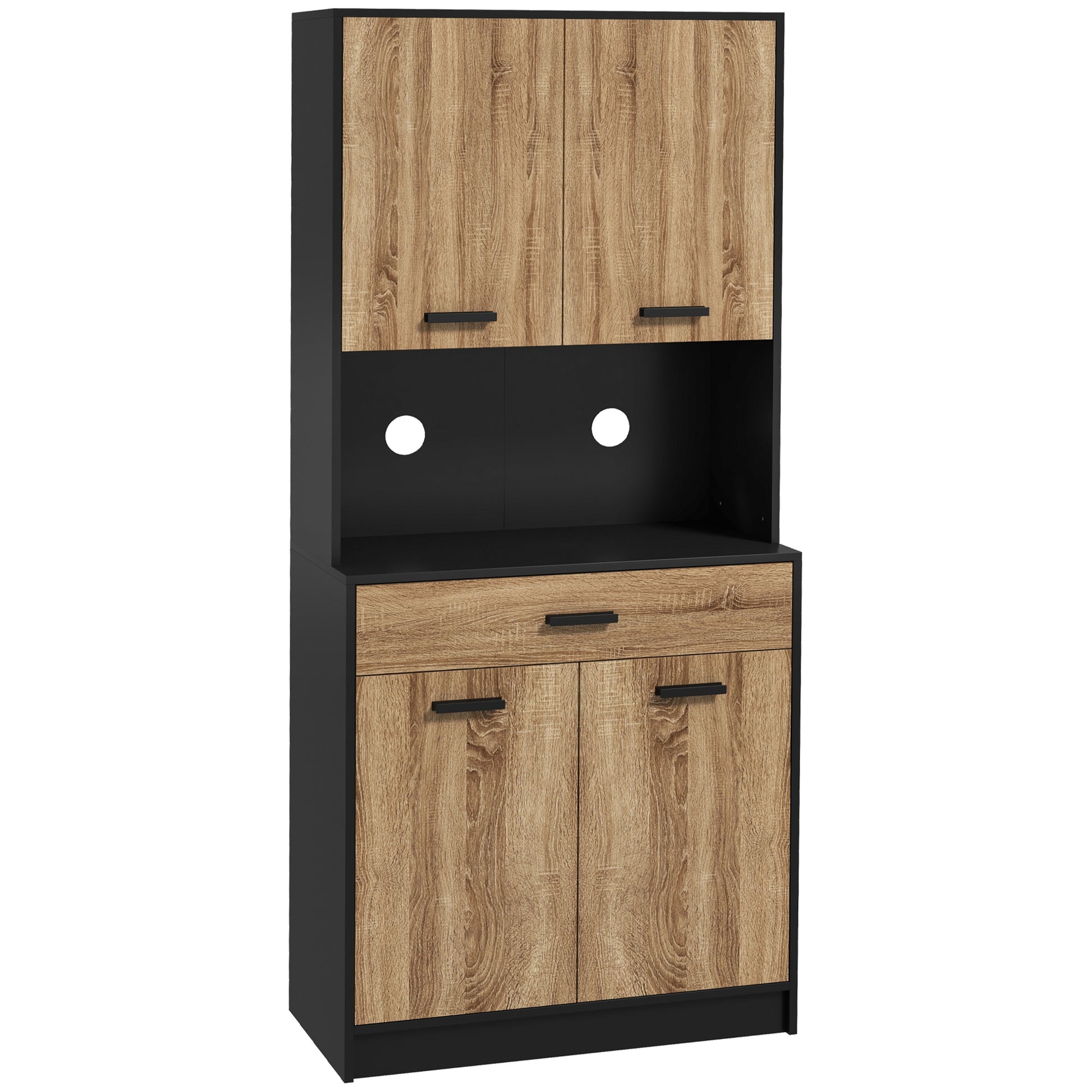 Kitchen Cabinet, Kitchen Buffet, Storage Cabinet, 2 Cupboards, 4 Doors, 1 Drawer, Cable Holes, Industrial Design, 80 x 40 x 180 cm, Black and Natural