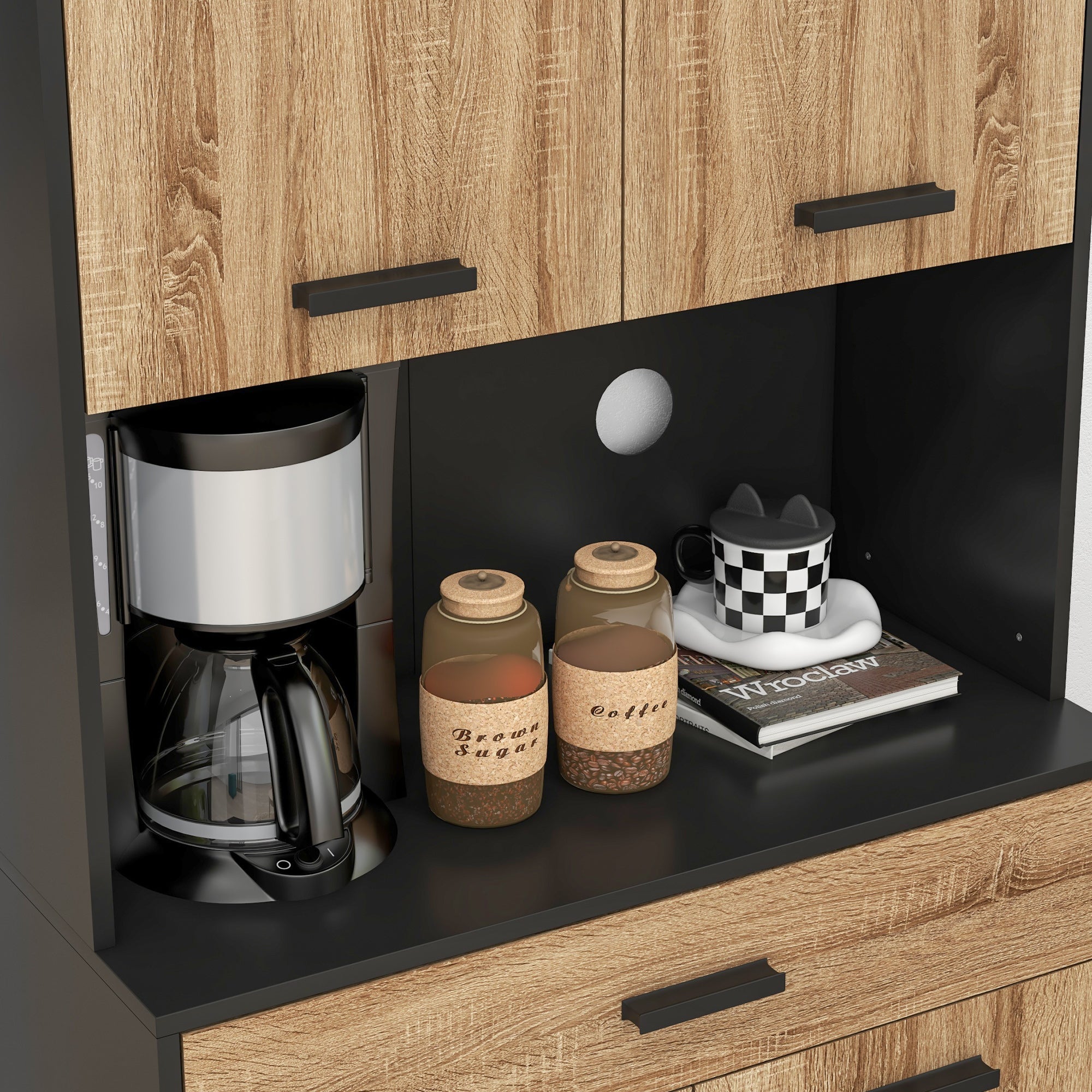 Kitchen Cabinet, Kitchen Buffet, Storage Cabinet, 2 Cupboards, 4 Doors, 1 Drawer, Cable Holes, Industrial Design, 80 x 40 x 180 cm, Black and Natural