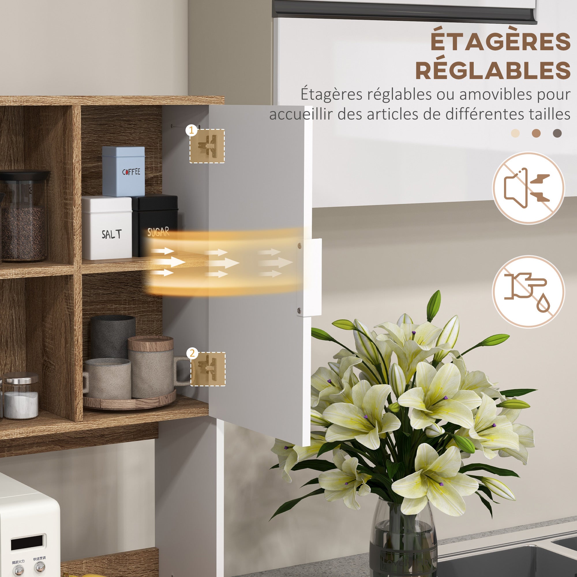 Kitchen Cabinet, Kitchen Buffet, Storage Cabinet, 2 Cupboards, 4 Doors, 1 Drawer, Cable Holes, Industrial Design, 80 x 40 x 180 cm, Black and Natural