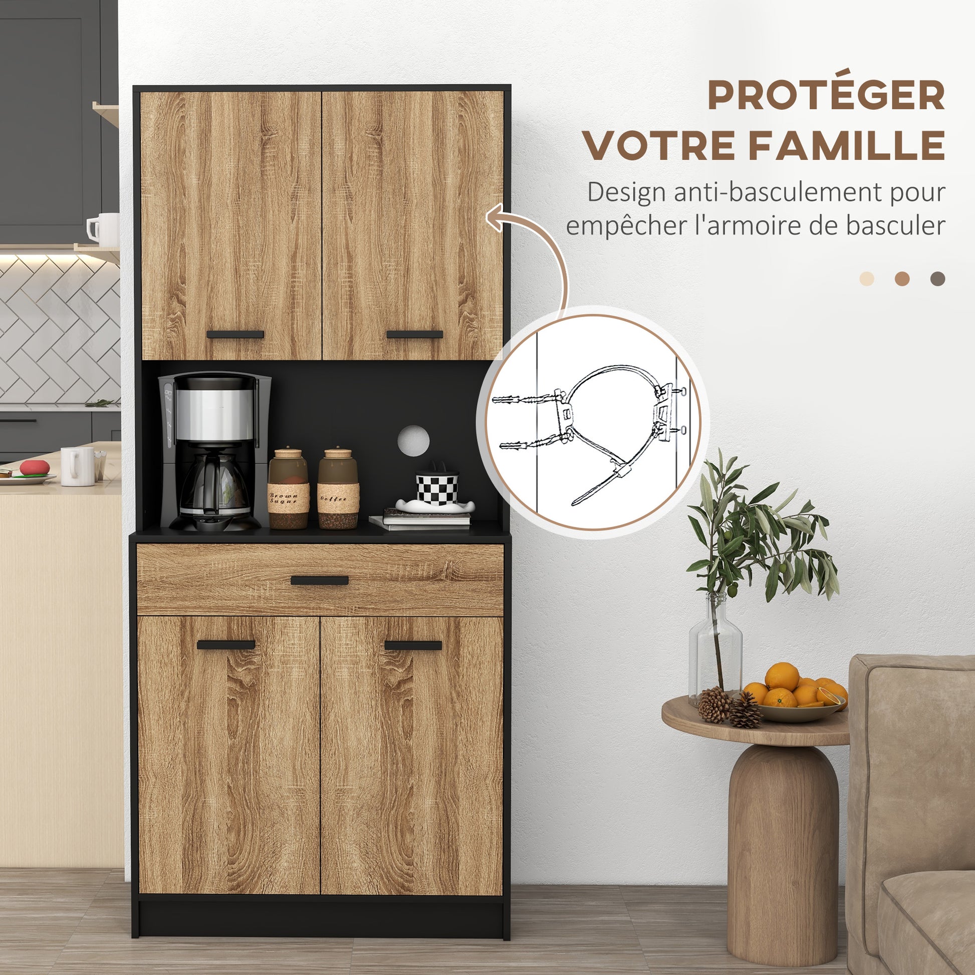 Kitchen Cabinet, Kitchen Buffet, Storage Cabinet, 2 Cupboards, 4 Doors, 1 Drawer, Cable Holes, Industrial Design, 80 x 40 x 180 cm, Black and Natural
