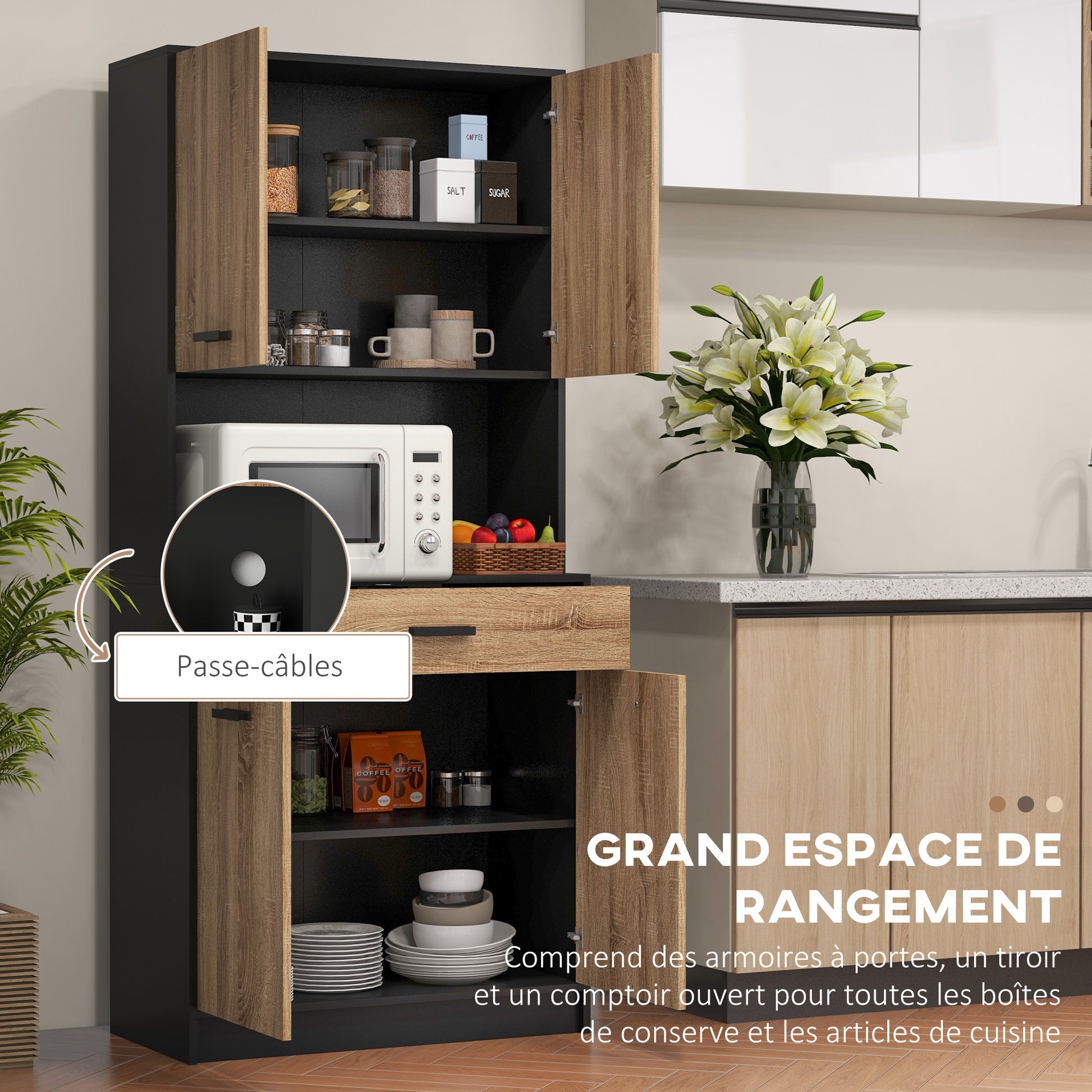 Kitchen Cabinet, Kitchen Buffet, Storage Cabinet, 2 Cupboards, 4 Doors, 1 Drawer, Cable Holes, Industrial Design, 80 x 40 x 180 cm, Black and Natural