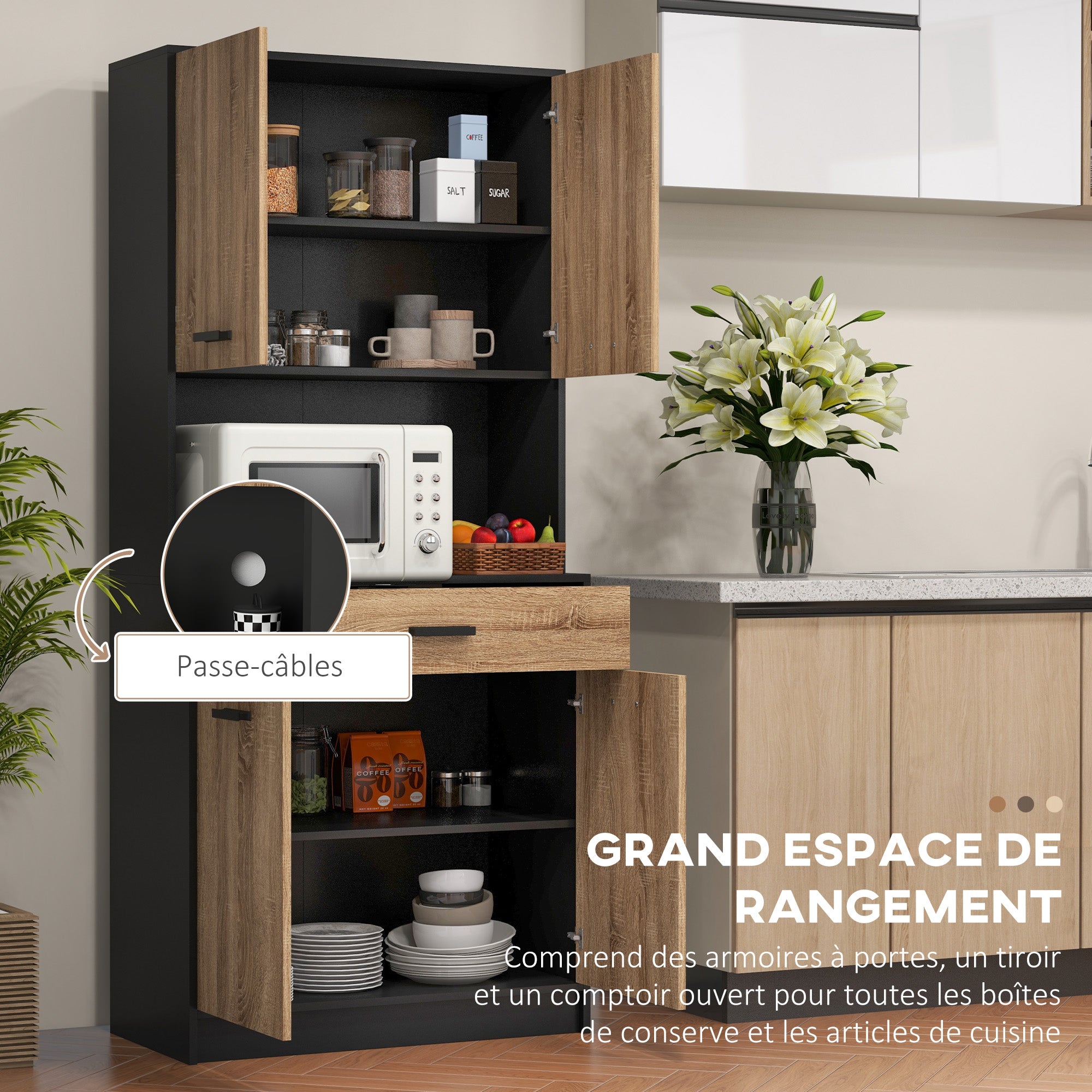 Kitchen Cabinet, Kitchen Buffet, Storage Cabinet, 2 Cupboards, 4 Doors, 1 Drawer, Cable Holes, Industrial Design, 80 x 40 x 180 cm, Black and Natural