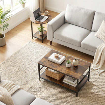 2-Piece Coffee & Side Table Set with Shelves, Modern Rustic Brown Living Room Tables with Black Steel Frame