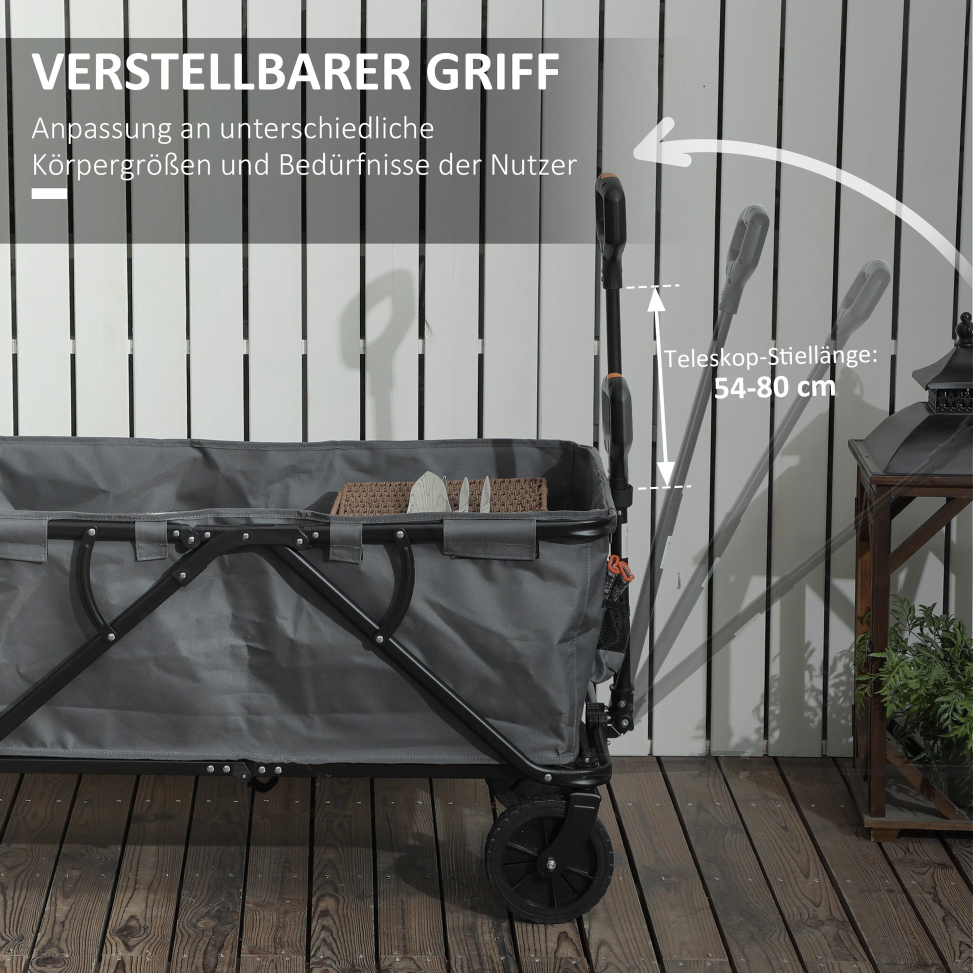 Garden Wagon 120 kg load capacity, foldable transport cart with removable cover, handle, wheels, steering axle, trolley handcart garden cart 160 liters equipment cart for home garden, Dark Grey