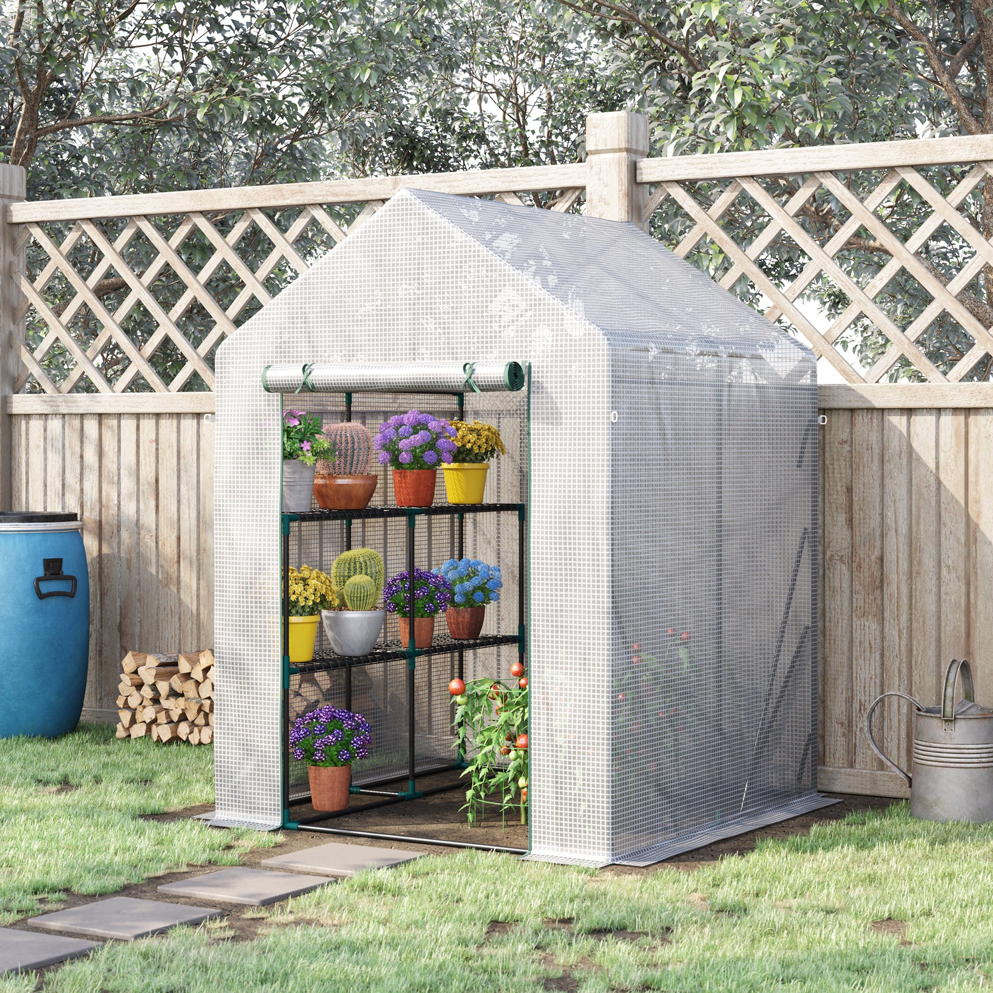 Foliage Greenhouse Walk-in Greenhouse with 4 Shelves Tomato Greenhouse Greenhouse with Zipper Doors White Steel PE Plastic 143 x 143 x 195 cm