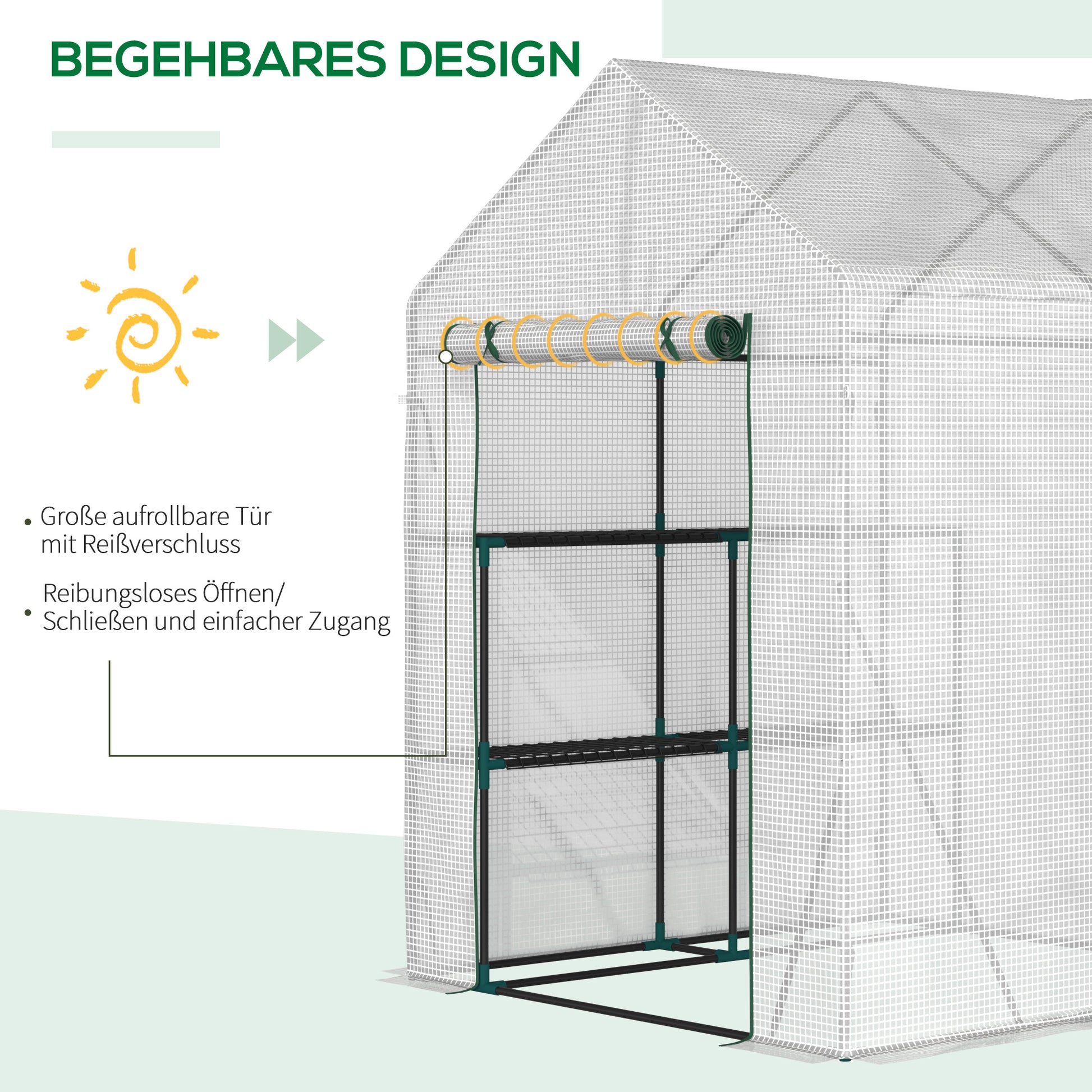 Foliage Greenhouse Walk-in Greenhouse with 4 Shelves Tomato Greenhouse Greenhouse with Zipper Doors White Steel PE Plastic 143 x 143 x 195 cm