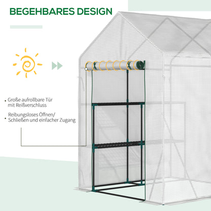 Foliage Greenhouse Walk-in Greenhouse with 4 Shelves Tomato Greenhouse Greenhouse with Zipper Doors White Steel PE Plastic 143 x 143 x 195 cm